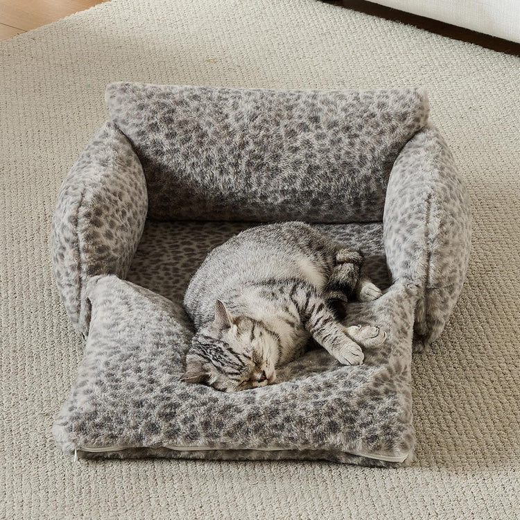 Hollypet Cat Bed Fluffy Plush Multifunctional Double-Layer Machine Washable Soft Warming Kitty Pet Couch Orthopedic Nest Beds for Small Cats Kitten and Dogs up to 13lbs, Khaki(25x20x13 inch)