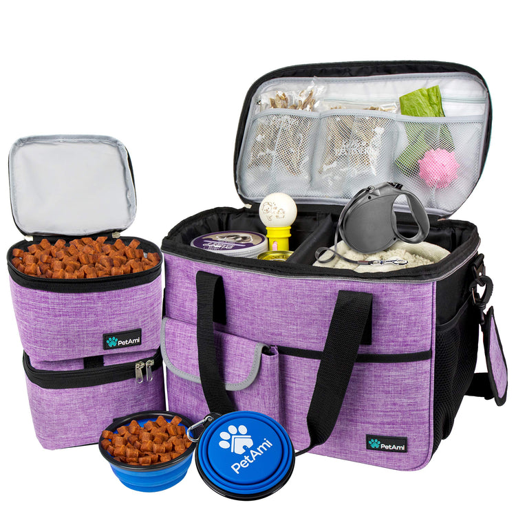 PetAmi Dog Travel Bag Organizer, Pet Travel Kit with 2 Food Containers & 2 Collapsible Dog Bowls, Pet Supplies Tote with Luggage Sleeve, Weekend Road Trip Camping Essentials, Dark Gray, Medium
