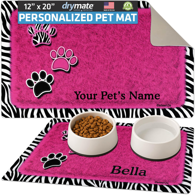 Drymate Personalized Pet Bowl Placemat, Custom Dog & Cat Food Feeding Mat - Absorbent Fabric, Waterproof Backing - Machine Washable/Durable (USA Made) (12" x 20") (Zebra Pink)