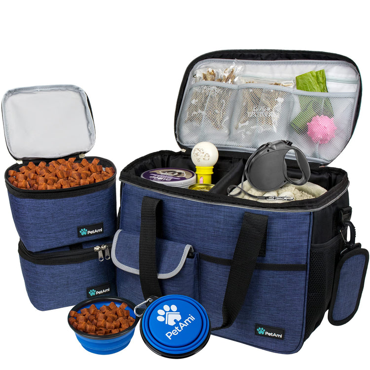 PetAmi Dog Travel Bag Organizer, Pet Travel Kit with 2 Food Containers & 2 Collapsible Dog Bowls, Pet Supplies Tote with Luggage Sleeve, Weekend Road Trip Camping Essentials, Dark Gray, Medium