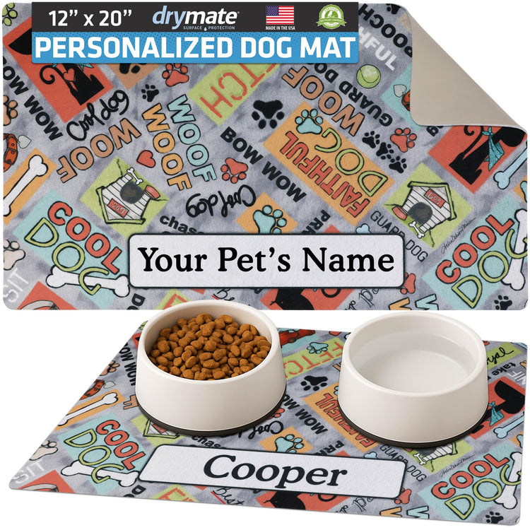 Drymate Personalized Pet Bowl Placemat, Custom Dog & Cat Food Feeding Mat - Absorbent Fabric, Waterproof Backing - Machine Washable/Durable (USA Made) (12" x 20") (Zebra Pink)