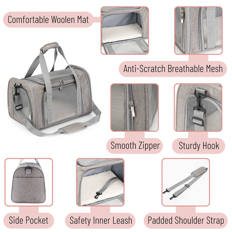 Mr. Pen- Pet Carrier, 17.5" x 11.2" x 11.5", Medium Size, Gray, Portable Travel Carrier for Small Pets, Cats & Small Dogs, Breathable Mesh, Safety Inner Leash, Side Pocket & Padded Shoulder Strap