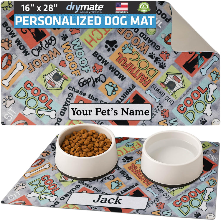 Drymate Personalized Pet Bowl Placemat, Custom Dog & Cat Food Feeding Mat - Absorbent Fabric, Waterproof Backing - Machine Washable/Durable (USA Made) (12" x 20") (Zebra Pink)