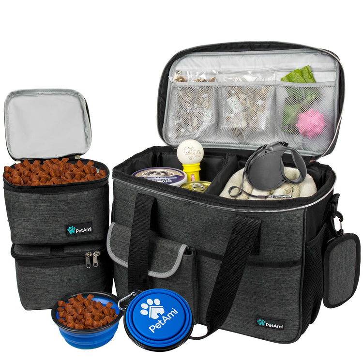 PetAmi Dog Travel Bag Organizer, Pet Travel Kit with 2 Food Containers & 2 Collapsible Dog Bowls, Pet Supplies Tote with Luggage Sleeve, Weekend Road Trip Camping Essentials, Dark Gray, Medium