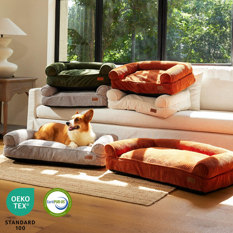 FUKUMARU Dog Couch Bed, Corduroy Cozy Cat Bed for Indoor Cats with Washable Cover, 28in Waterproof Orthopedic Dog Beds Sofa for Small Dogs and Large Cats, Cute Warm Cotton Pet Sofa, Green