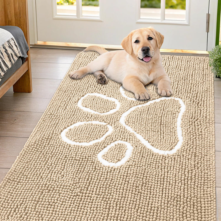 Smiry Dog Door Mat for Muddy Paws, Absorbent Dirt Trapper Non Slip Quick Dry Washable Chenille Mat for Mud Dogs, Entry Rug for Indoor and Outdoor (30x20 Inches, Grey and Black)