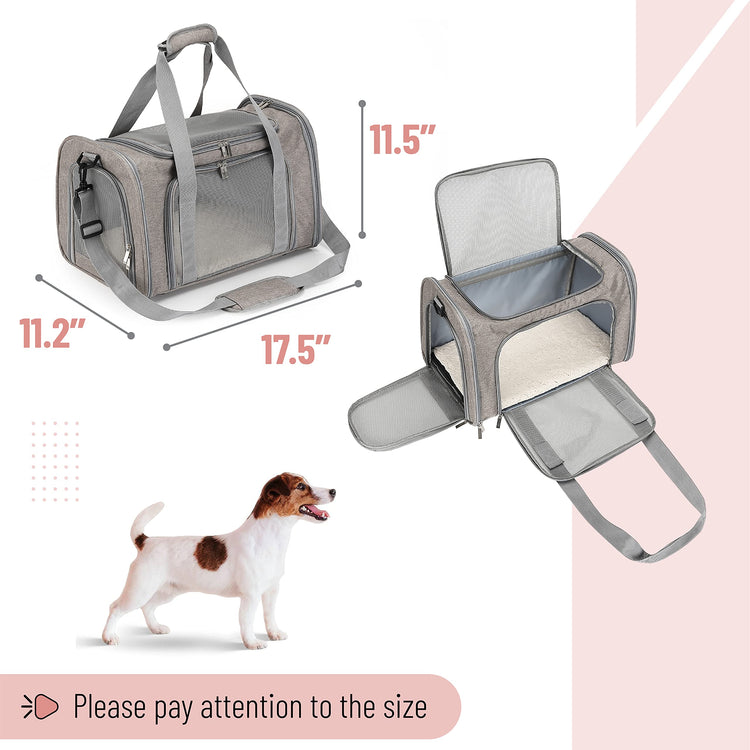 Mr. Pen- Pet Carrier, 17.5" x 11.2" x 11.5", Medium Size, Gray, Portable Travel Carrier for Small Pets, Cats & Small Dogs, Breathable Mesh, Safety Inner Leash, Side Pocket & Padded Shoulder Strap