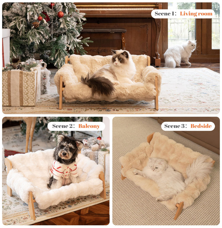 CHEERHOME PETS Elevated Cat Couch Bed for Indoor Cats, Wooden Cat Sofa with Removable Washable Fluffy Cover Raised Kitty Lounge Chair Suitable for Puppy(Cat Sofa Off-White)