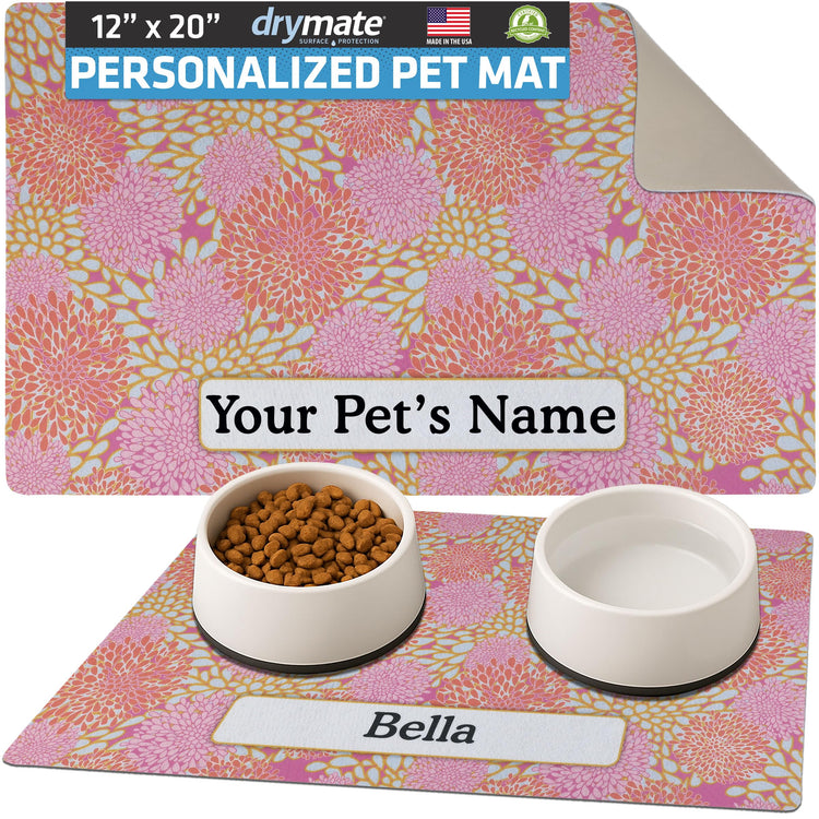 Drymate Personalized Pet Bowl Placemat, Custom Dog & Cat Food Feeding Mat - Absorbent Fabric, Waterproof Backing - Machine Washable/Durable (USA Made) (12" x 20") (Zebra Pink)