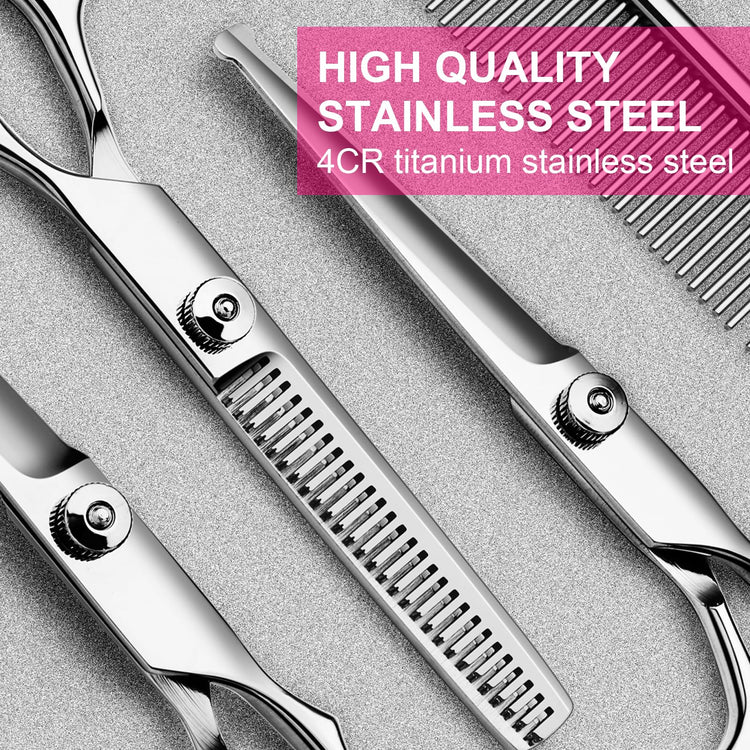 TINMARDA Dog Grooming Kit, Professional Stainless Steel Dog Grooming Scissors with Curved Shears, Pink Finger Rings - 5 Piece Sharp Durable Pet Shears for Dogs Cats At Home Salon-Quality Grooming