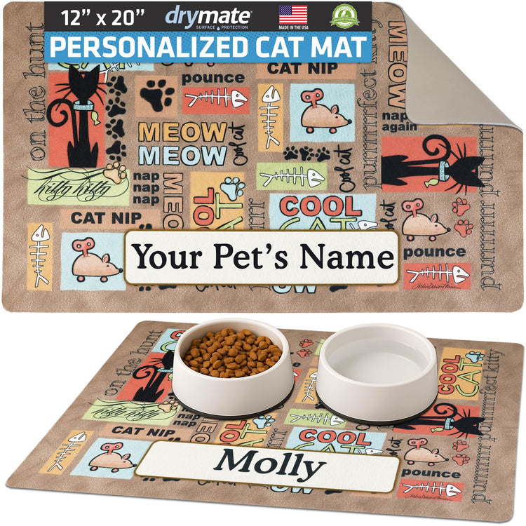 Drymate Personalized Pet Bowl Placemat, Custom Dog & Cat Food Feeding Mat - Absorbent Fabric, Waterproof Backing - Machine Washable/Durable (USA Made) (12" x 20") (Zebra Pink)