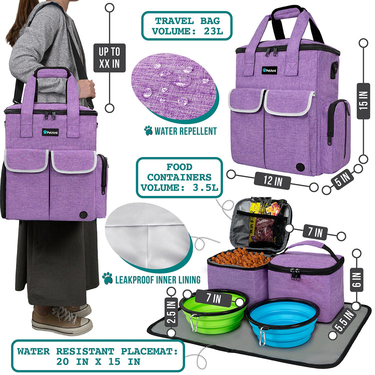 PetAmi Dog Travel Bag Pet Supplies Accessories Organizer for Traveling, Camping, Weekend; Cat Pet Travel Bag Kit Includes 2 Food Storage Containers, 2 Collapsible Bowls, 1 Feeding Mat (Purple)