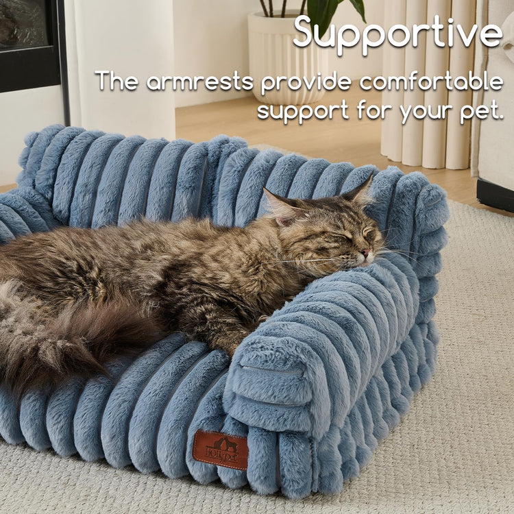 Hollypet Fluffy Dog Cat Bed Pet Couch Beds Plush Soft Warming Machine Washable Puppy Bed with Non-Slip Bottom for Cats and Small Medium Dogs up to 25 lbs, Gray, 24" L x 18" W x 10" Th