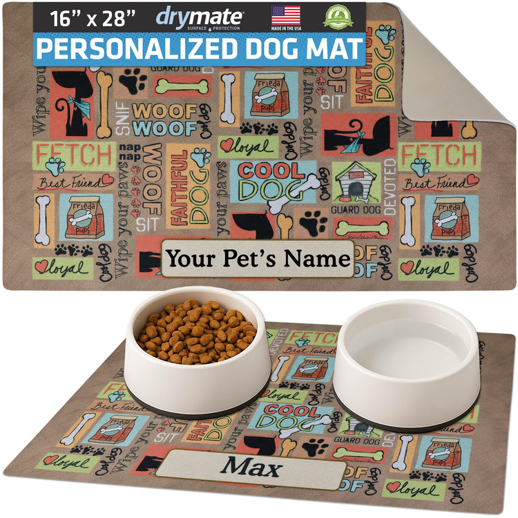 Drymate Personalized Pet Bowl Placemat, Custom Dog & Cat Food Feeding Mat - Absorbent Fabric, Waterproof Backing - Machine Washable/Durable (USA Made) (12" x 20") (Zebra Pink)