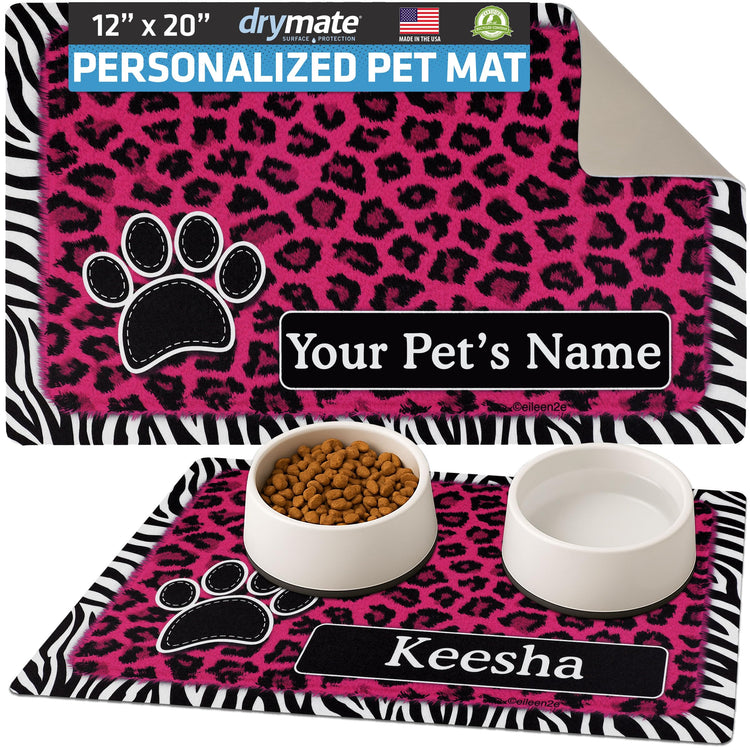 Drymate Personalized Pet Bowl Placemat, Custom Dog & Cat Food Feeding Mat - Absorbent Fabric, Waterproof Backing - Machine Washable/Durable (USA Made) (12" x 20") (Zebra Pink)