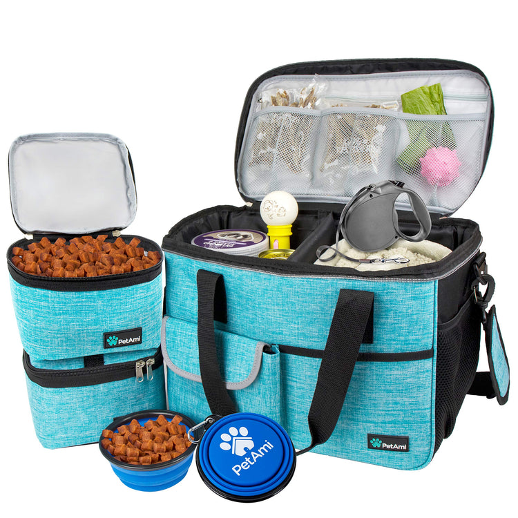 PetAmi Dog Travel Bag Organizer, Pet Travel Kit with 2 Food Containers & 2 Collapsible Dog Bowls, Pet Supplies Tote with Luggage Sleeve, Weekend Road Trip Camping Essentials, Dark Gray, Medium