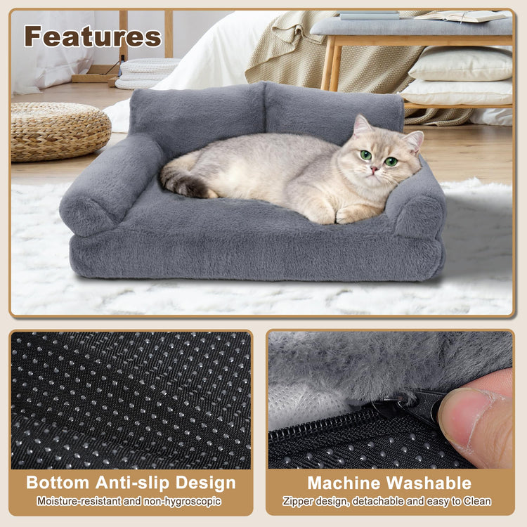 Large Cat Beds for Indoor Cats, Dog Couch Bed, Cute Cat Couch Sofas for Less 20lbs Kitten Puppy, Small Dog Sofas & Chairs with Removable Washable Cover, Soft Warm Pet Furniture, Cream