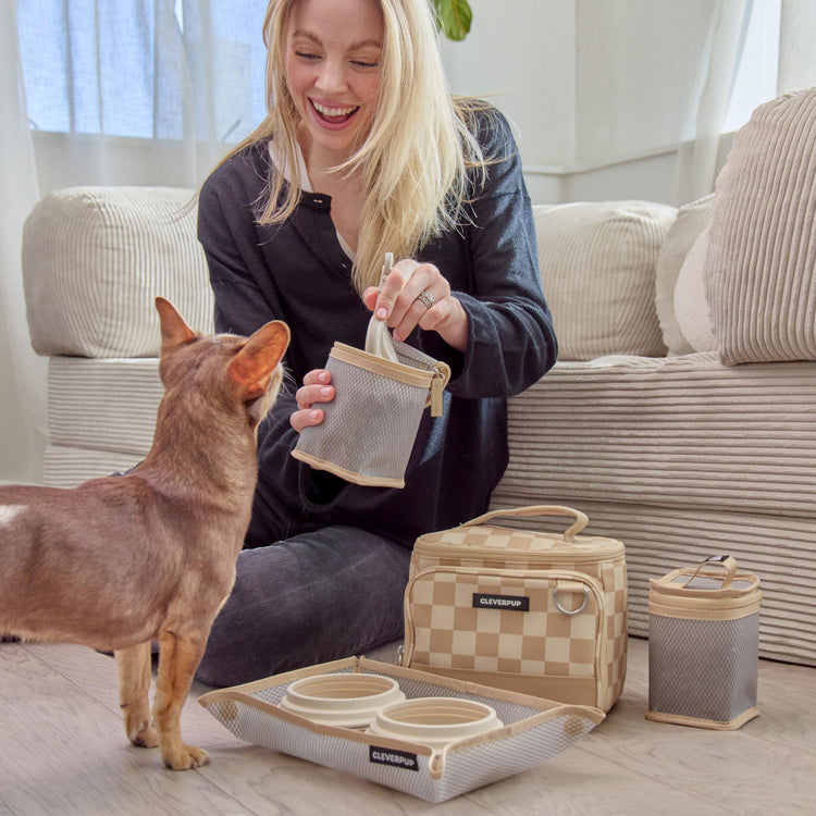 Cleverpup, Large 7-Piece Bistro Box Dog Food Travel Kit, 12-Cup Kibble Storage, 2 Silicone Bowls, Mat & Scoop - Premium Portable Pet Food Kit for Weekends, Overnights, Daycare & Camping, Checkerboard