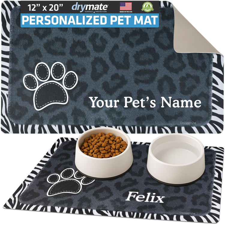 Drymate Personalized Pet Bowl Placemat, Custom Dog & Cat Food Feeding Mat - Absorbent Fabric, Waterproof Backing - Machine Washable/Durable (USA Made) (12" x 20") (Zebra Pink)