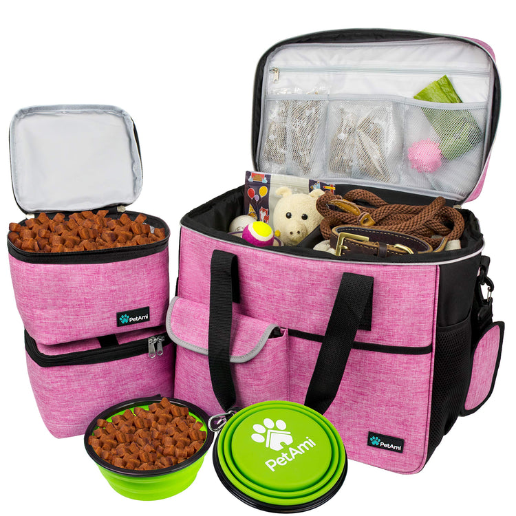 PetAmi Dog Travel Bag Organizer, Pet Travel Kit with 2 Food Containers & 2 Collapsible Dog Bowls, Pet Supplies Tote with Luggage Sleeve, Weekend Road Trip Camping Essentials, Dark Gray, Medium