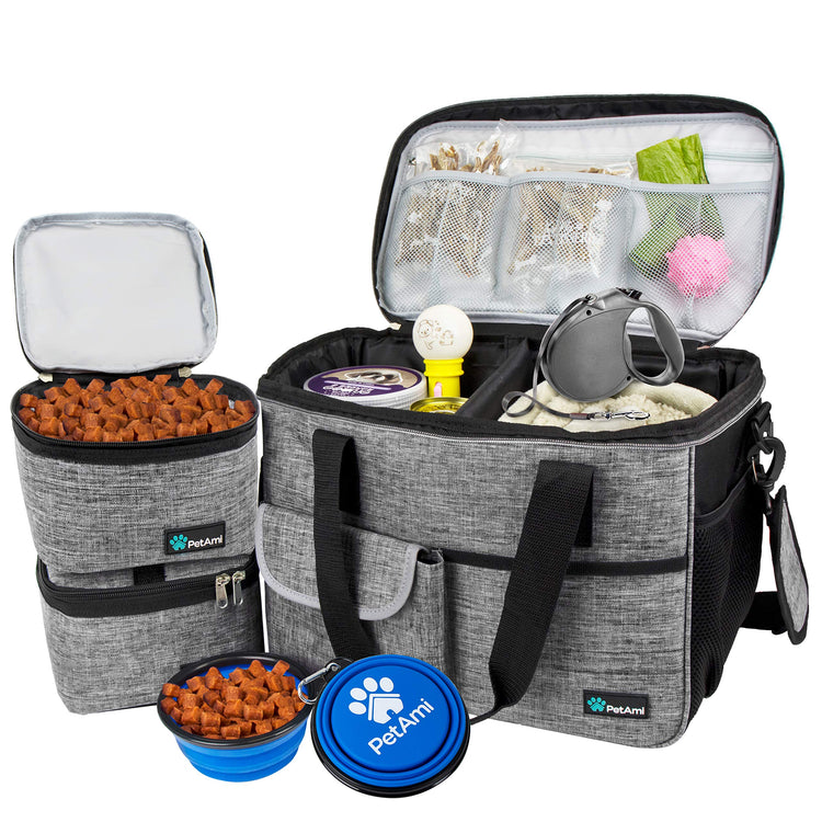 PetAmi Dog Travel Bag Organizer, Pet Travel Kit with 2 Food Containers & 2 Collapsible Dog Bowls, Pet Supplies Tote with Luggage Sleeve, Weekend Road Trip Camping Essentials, Dark Gray, Medium