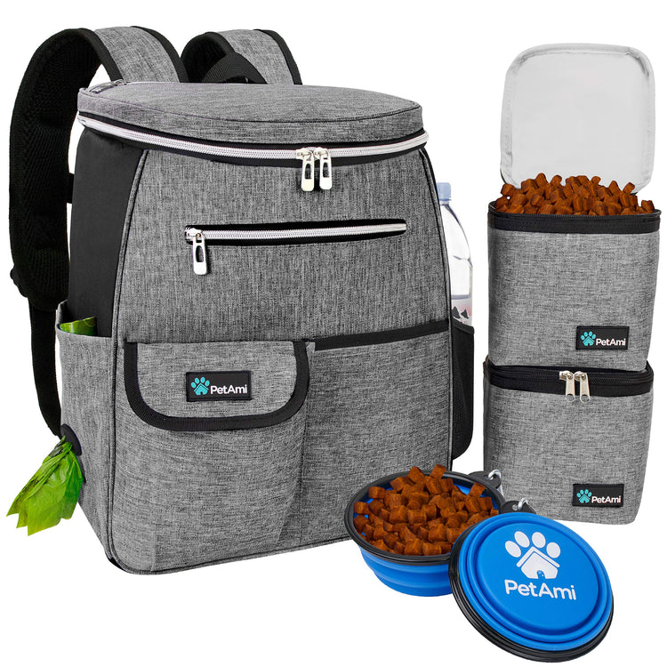 PetAmi Dog Travel Bag Backpack, Airline Approved Dog Bags for Traveling, Puppy Diaper Bag Supplies, Pet Camping Essentials Hiking Accessories Dog Mom Gift, Food Container, Collapsible Bowls, Gray