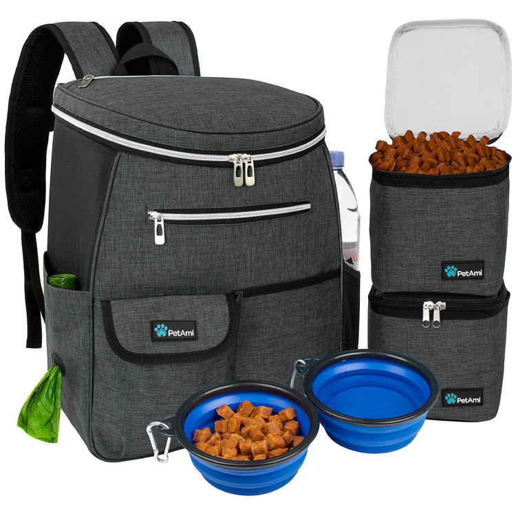 PetAmi Dog Travel Bag Backpack, Airline Approved Dog Bags for Traveling, Puppy Diaper Bag Supplies, Pet Camping Essentials Hiking Accessories Dog Mom Gift, Food Container, Collapsible Bowls, Gray
