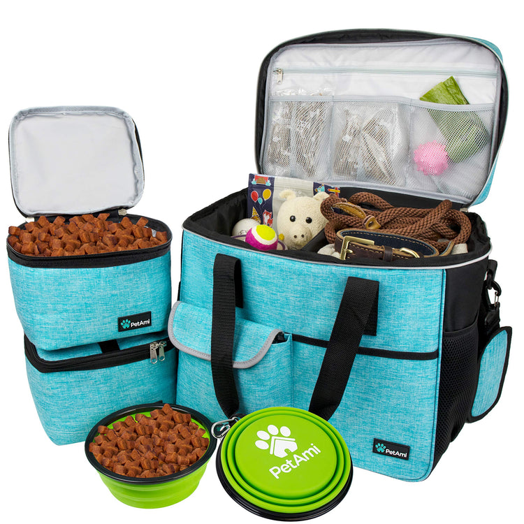 PetAmi Dog Travel Bag Organizer, Pet Travel Kit with 2 Food Containers & 2 Collapsible Dog Bowls, Pet Supplies Tote with Luggage Sleeve, Weekend Road Trip Camping Essentials, Dark Gray, Medium